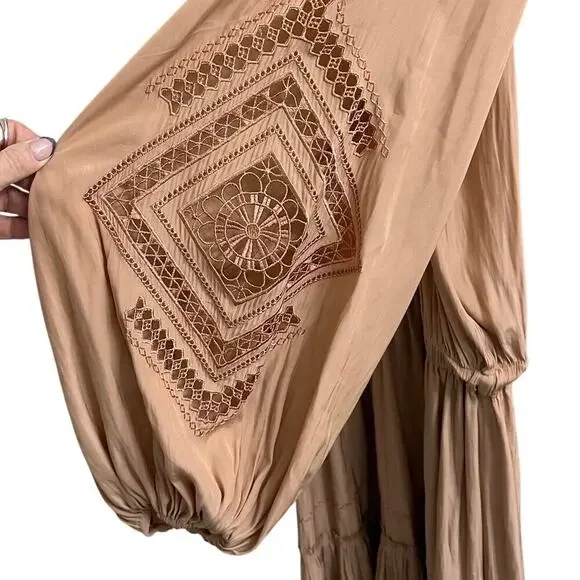 Ramy Brook Emmett Carmel Ruffle Boho Mini Dress Long Sleeve Smocked M Like New - Picture 4 of 9